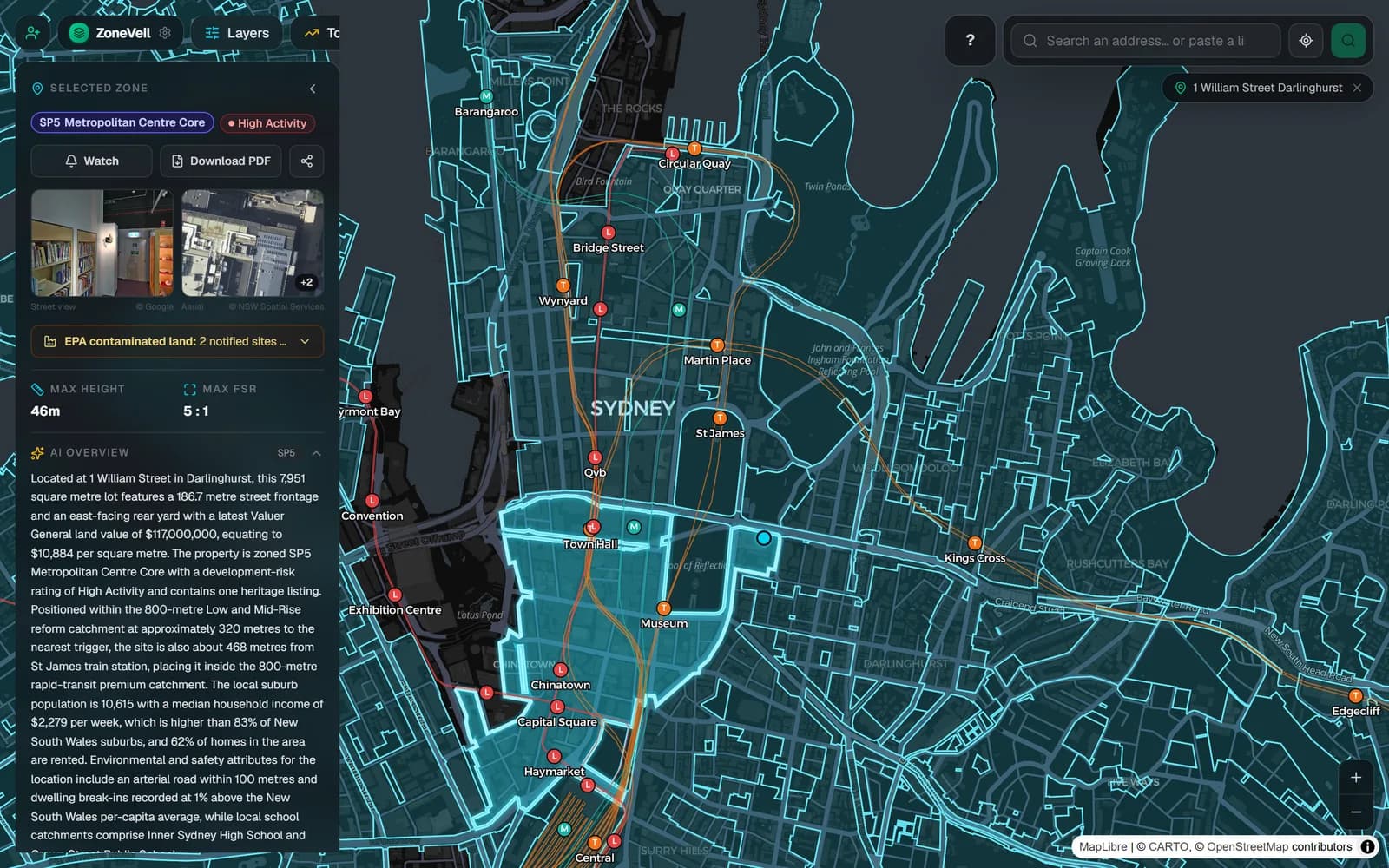 ZoneVeil on desktop: a property X-Ray panel open on the left (zone “SP5 Metropolitan Centre Core”, street and aerial photos, max height 46 m, FSR 5:1, AI overview) beside a dark map of central Sydney with the selected zone highlighted in cyan.