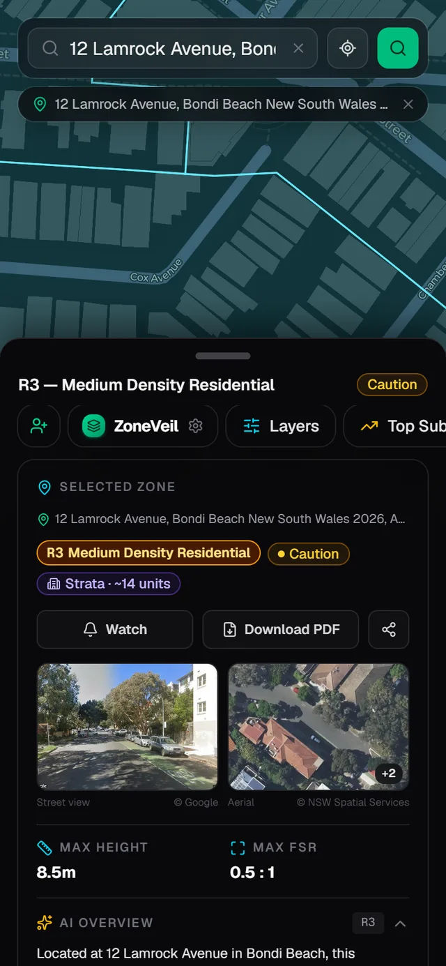 ZoneVeil on a phone: the map above a bottom sheet showing an X-Ray for a Bondi Beach address (zone “R3 Medium Density Residential”, strata badge, street and aerial photos, max height and FSR).